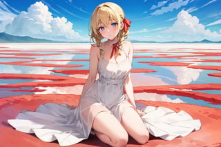 ((Botanical art salar de uyuni background)),
8k resolution, solo, 1 girl, blue sky,
blonde hair, odd eyes, hair ribbon, 
middle hair, hair braids, 
casual_exposure, 
red ribbon, mature female, 
(reddish:0.95), (full body:0.85),
(large breasts:0.58), 
(nsfw:0.66),



