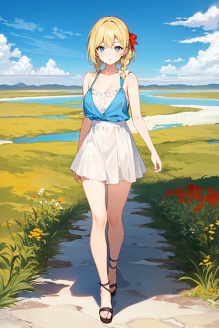 ((Botanical art salar de uyuni background)),
8k resolution, solo, 1 girl, blue sky,
blonde hair, odd eyes, hair ribbon, 
middle hair, hair braids, 
casual_exposure, 
red ribbon, mature female, 
(reddish:0.95), (full body:0.85),
(large breasts:0.58), 
(nsfw:0.66),



