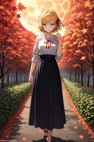 ((Botanical art supermoon night background)),
8k resolution, solo, 1 girl,
lots of maple leaves trees with red and yellow leaves,
blonde hair, odd eyes, hair ribbon, 
short hair, hair braids, 
casual_exposure, 
red ribbon, mature female, 
(reddish:0.95), (full body:0.85),
(large breasts:0.58), 
(nsfw:0.66),



