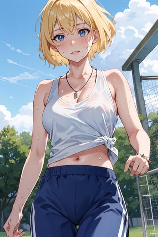 8k resolution, realistic, anime screencap, 
view straight on, standing, petite, a cute girl, (large breasts:1.2), bangs, hair pulled back sidelocks, pale blonde hair, solo, 1 girl,
blonde short hair, flowing hair, floating hair,
necklace, ring, collarbones, school playground, 
blue sky, (short bottom pants:1.1), tanktop,
(sweaty top clothes:1.3),
(running:0.9), (smile:0.55),
