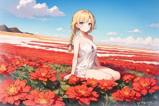 ((Botanical art salar de uyuni background)),
8k resolution, solo, 1 girl, blue sky,
blonde hair, odd eyes, hair ribbon, 
middle hair, hair braids, 
casual_exposure, 
red ribbon, mature female, 
(reddish:0.95), (full body:0.85),
(large breasts:0.58), 
(nsfw:0.66),



