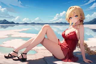 ((Botanical art salar de uyuni background)),
8k resolution, solo, 1 girl, blue sky,
blonde hair, odd eyes, hair ribbon, 
middle hair, hair braids, 
casual_exposure, 
red ribbon, mature female, 
(reddish:0.95), (full body:0.85),
(large breasts:0.58), 
(nsfw:0.66),



