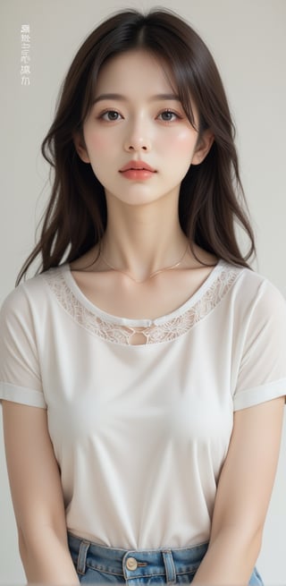 Image, (full body), top quality, masterpiece, ultra high definition, (cute face), (perfect brown eyes), korean, surreal illustration, natural proportions, ultra high definition, realistic and vivid colors, highly detailed UHD drawing, perfectly composed, 8k, texture, breathtaking beauty, radiant smile, pure perfection, unforgettable emotions, medium burst, thread necklace, female portrait, skirt, embroidered collar t-shirt,