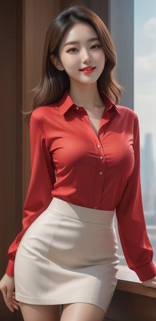 Image, highest quality, masterpiece, ultra-high resolution, surreal illustrations, natural proportions, Ultra HD, realistic and vivid colors, detailed UHD drawing, perfect composition, 8k, texture, breathtaking beauty, bright smile, pure perfection, unforgettable moved. ,Woman 1,sexy pose,Korean,red slim fit stretch shirt,skirt,