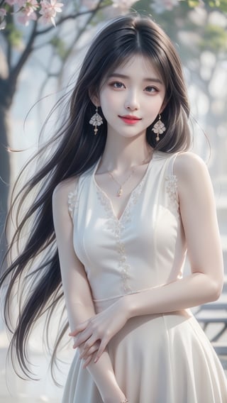 Beautiful and delicate light, (beautiful and delicate eyes), very detailed, pale skin, big smile, (brown eyes), (black long hair), dreamy, medium breasts, woman 1, (front shot), full body shot, Korean girl , bangs, soft expression, height 170, elegance, bright smile, 8k art photo, realistic concept art, realistic, portrait, small necklace, small earrings, fantasy, jewelry, shyness, spring day in the park with cherry blossoms in full bloom, soft image like a dream ,