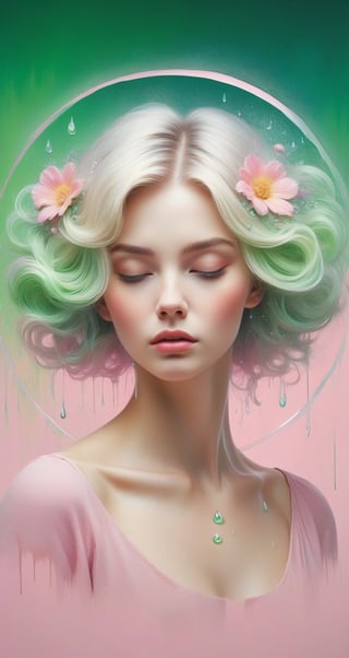 Painted in gorgeous colors, the blonde woman's hair becomes silvery and falls away from her head, and the large and small drops create a large circle. There is a small flower on her head. The abstract pink background and fantastic green color gradient add a sense of mystery, and the heavy, unstructured, thick brushstrokes beautifully express the woman's portrait.