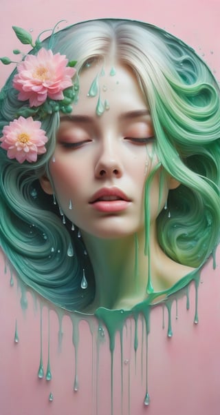 Painted in gorgeous colors, the blonde woman's hair becomes silvery and falls away from her head, and the large and small drops create a large circle. There is a small flower on her head. The abstract pink background and fantastic green color gradient add a sense of mystery, and the heavy, unstructured, thick brushstrokes beautifully express the woman's portrait.