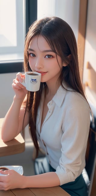 Photography, (Highest Quality, Masterpiece: 1.2), 8K, HDR, Photorealism, (Film Framing: 1.3), (Vivid Colors: 1.2), Fine Detail & Textures, Masterpiece, Highest Quality, Super Detail, Charming Smile, Perfect Hands , detailed face, Korean woman, dark hair, frontal shot, (sitting on a chair), (smelling the scent of coffee), (there is a coffee cup on the table),