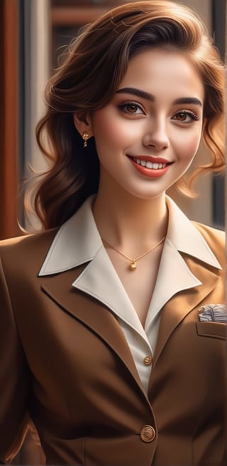 Image, (full body), top quality, masterpiece, ultra high definition, (cute face), (perfect brown eyes), surreal illustration, natural proportions, ultra high definition, realistic and vivid colors, highly detailed UHD drawing, perfectly composed, 8k, texture, breathtaking beauty, radiant smile, pure perfection, unforgettable emotions, medium burst, thread necklace, female portrait, basic collar neck suit uniform,