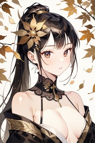 masterpiece, best quality, aesthetic,a sexy woman,((black lang hair)),hair ornament,straight eyebrows,brown-toned makeup,brown makeup look,thick bangs,ponytail holder,fringe,narrow eyes,golden leaf