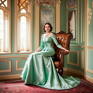 Victorian woman in a gown, sitting on a high backed Victorian chair, in a high ceilinged Victorian house