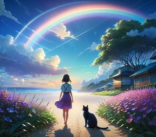 A wide landscape photo, (viewed from below, the sky is above, and the beautiful beach), a girl standing on a flower field looking up, a cat, a distant beach, (meteor: 0.9), (Warm Light: 1.2), (Firefly: 1.2), Lights, Lots of Purple and Blue, Intricate Details, Volumetric Lighting BREAK (Masterpiece: 1.2), (Best Quality), 8k, Ultra Detailed, (Dynamic Composition: 1.4), Rich in Detail and Color, (Rainbow Color: 1.2), (Bokeh: 1.2), (Glow, Atmospheric Lighting), Dreamy, Magical, (Solo: 1.2), anime drawing by Makoto Shinkai, trending on pixiv, magic realism, beautiful anime scene, cosmic sky. by makoto shinkai, ( ( makoto shinkai ) ), by makoto shinkai, anime background art, makoto shinkai style with enhanced details,detailmaster2