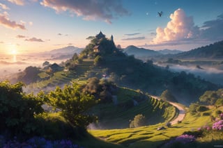 Masterpiece, (very detailed CG unity 8k wallpaper) (best illustration), hazy sunlight, morning, ricefield, hills, anime, village, blue sky, rural atmosphere in ancient Java, landscape, outdoor,  java island, Indonesia, (Warm Light: 1.2), (Firefly: 1.2), Lights, Lots of Purple and Blue, Intricate Details, Volumetric Lighting BREAK (Masterpiece: 1.2), (Best Quality), 8k, Ultra Detailed, (Dynamic Composition: 1.4), Rich in Detail and Color, (Glow, Atmospheric Lighting), Dreamy, Magical, (Solo: 1.2)