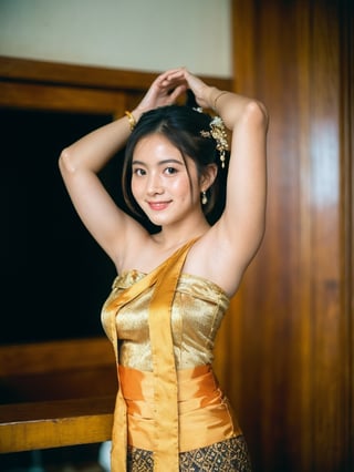 1female, a woman in the traditional Javanese wedding hall, is having a traditional Javanese wedding, wearing a typical Javanese bun, showing armpits, dressed in a traditional Javanese dress, with gold and black ornaments, with a voluptuous pose, smiling, Indonesian female, cinematic photography, detailed, hyperrealism, great detail, 8k cinematic, high resolution, symmetrically, cinematic, color grading, photography, shot on 50mm lens, ultra-wide angle, depth of field, hyperdetailed, beautifully color-coded, insane detail, intricate detail, beautiful color grading, incredibly detailed and intricate, hyper maximal, elegant, hyperrealistic, super detailed, posing dynamic, photography, ultra-realistic, Full - HD, high detailed definition, Hyper detailed