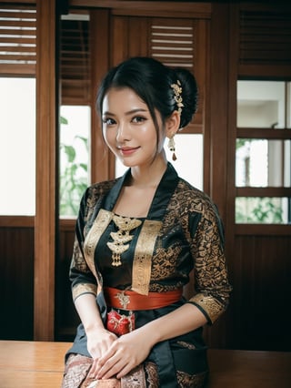 1female, a woman in a traditional Javanese wedding hall, an alluring and sensual style, with a voluptuous pose, smiling, dressed in a traditional Javanese with gold and black ornaments, is having a traditional Javanese wedding, wearing a typical Javanese bun, southeast Asian female, ancient Javanese era, cinematic photography, detailed, hyperrealism, high detail, 8k cinematic, high resolution, symmetrically, cinematic, color grading, photography, shot on 50mm lens, ultra-wide angle, depth of field, hyperdetailed, beautifully color-coded, insane detail, intricate detail, beautiful color grading, incredibly detailed and intricate, hyper maximal, elegant, hyperrealistic, super detailed, posing dynamic, photography, ultra-realistic, Full - HD, high detailed definition, Hyper detailed, 8k, Asian girl