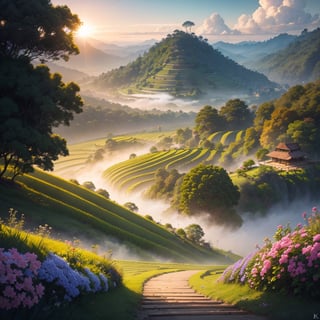 Masterpiece, (very detailed CG unity 8k wallpaper) (best illustration), hazy sunlight, morning, ricefield, hills, anime, village, flowers, blue sky, rural atmosphere in ancient Java, landscape, outdoor, java island