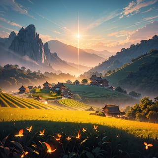 Masterpiece, (very detailed CG unity 8k wallpaper) (best illustration), hazy sunlight, morning, ricefield, hills, anime, village, blue sky, rural atmosphere in ancient Java, landscape, outdoor,  java island, Indonesia, (Warm Light: 1.2), (Firefly: 1.2), Lights, Intricate Details, Volumetric Lighting BREAK (Masterpiece: 1.2), (Best Quality), 8k, Ultra Detailed, (Dynamic Composition: 1.4), Rich in Detail and Color, (Glow, Atmospheric Lighting), Dreamy, Magical, (Solo: 1.2)