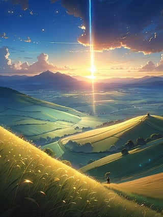 A wide landscape like the Lord of the Ring, (viewed from below, the sky is above, and the open field is below), distant mountains, (Warm Light: 1.2), (Firefly: 1.2), Lights, Intricate Details, Volumetric Lighting BREAK (Masterpiece: 1.2), (Best Quality), 8k, Ultra Detailed, (Dynamic Composition: 1.4), Rich in Detail and Color, (Glow, Atmospheric Lighting), Dreamy, Magical, (Solo: 1.2), anime drawing by Makoto Shinkai, trending on pixiv, magic realism, beautiful anime scene,  enhanced details