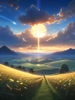 A wide landscape like the Lord of the Ring, (viewed from below, the sky is above, and the open field is below), distant mountains, (Warm Light: 1.2), (Firefly: 1.2), Lights, Intricate Details, Volumetric Lighting BREAK (Masterpiece: 1.2), (Best Quality), 8k, Ultra Detailed, (Dynamic Composition: 1.4), Rich in Detail and Color, (Glow, Atmospheric Lighting), Dreamy, Magical, (Solo: 1.2), anime drawing by Makoto Shinkai, trending on pixiv, magic realism, beautiful anime scene,  enhanced details