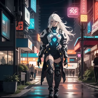 A beautiful 20 year old woman, ((full body)) Anime girl, white hair, long hair, cyberpunk style, robot armor, night, neon lights, rtx, ray tracing, best quality, realistic, photorealistic, ultra detailed, masterpiece, illustration, extremely delicate,