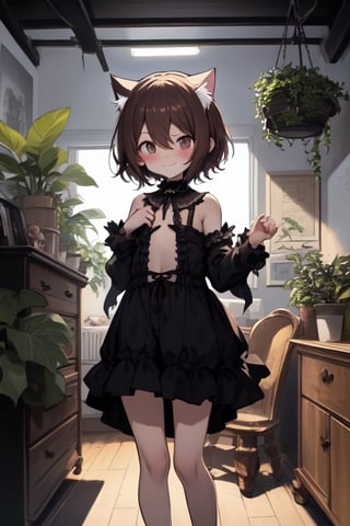 (complimentary colors, poster, comic cartoon style,old architecture, surrounded by plants, black background, from_down:1.2), (slender young loli child cat girl:1.3),catgirl ,completely nude, bottomless, no panties, skirt,detached collar, shy smile, blush, embarrassed, body freckles, skin blemishes, flat chest, small breasts, (short hair, brunette:1.3), nipples, pussy, cleft of venus, standing in (bedroom, gothic:1.3)
