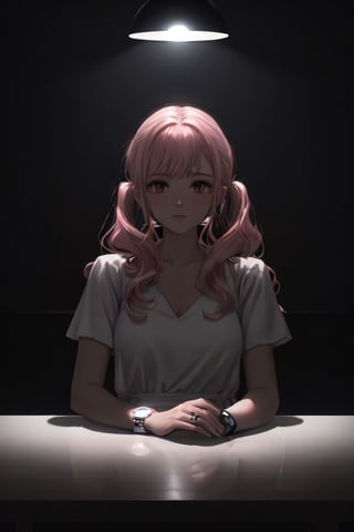 An image of a woman Ms. Pink, 19yo, cute, pretty, with a (((long, pink, wavy, high twintails hair))) wearing a (((cute white dress))), ((bracelet, watch)), sitting behind a table in ((a dark room with one dim overhead light)), sharp eyes, dark tone, isometric view, sharp contrasts, neon highlights, shadowy backgrounds, mystery, cinematic,Enhance