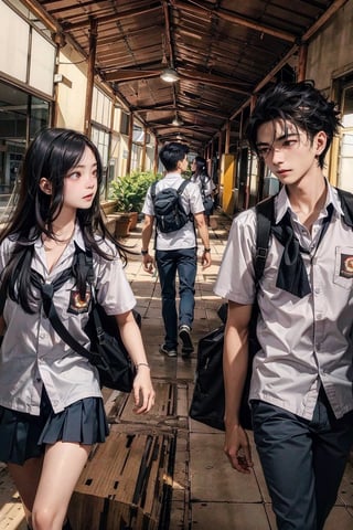 Clara, 17yo, Indonesian, long hair, talking with Rian, boy,18yo, short hair, messy hair, walking in the school field, dynamic lighting, very detailed faces, 4k, ,wearing indonesian high school uniform, 