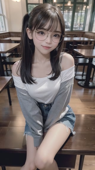 (masterpiece), 1girl, long brown hair, brown eyes, sitting, coffee house, coffee cup,ion___chu___, round_eyewear, bright_face,off-shoulder_shirt, ponytail, 