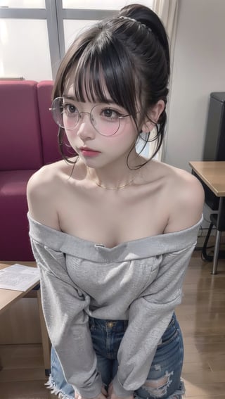 1girl, pouting, off-shoulder_shirt, round_eyewear, ponytail, ,ion___chu___