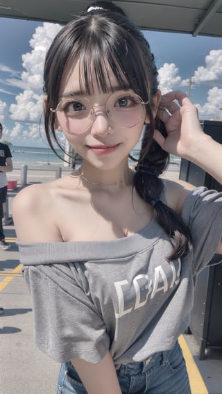 1girl, smiling_face, pouting, off-shoulder_shirt, round_eyewear, ponytail, ion___chu___, background_sky, ,ion___chu___