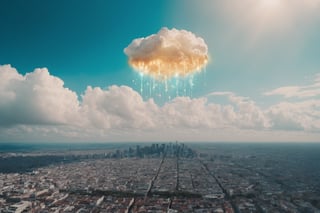 ake a picture of a shining something float in the air high over the small city, cloud, wide shot, Hyper-detailled, 32k, Super High definition, Vibrant Colors, Soft focus, Ultra Smooth,Soft natural look, Full shot, art by Lenkaizm, photorealistic, realism, movie still, film still, cinematic shot, dreamwave, aesthetic,photo r3al