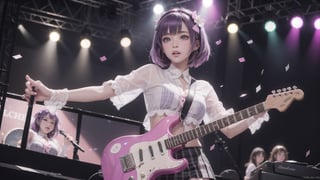 (Masterpiece), best quality, high resolution, highly detailed, detailed background, cinematic lighting, looking_at_viewer, 1girl, purple hair, medium hair, medium chest, pink eyes, idol, pink and white idol costume, under chest, stage, electric guitar, stage lighting, music, blushing, shortness of breath, sweating, concert, pink fringed gloves, super short skirt, fringe , confetti, hearts, hair accessories, hair cards, neon lights, plaid bows, plaid shirts, pointing, spotlights, sparkles, light particles, framed boobs, crossover lace,