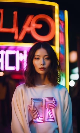 xxmixgirl, a young white brunette oriental woman holding a neon sign that says "Demohotel", realistic, film costume photo, film pastel lighting, 80s neon film stills, tight jumper