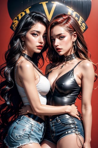 Against the backdrop of a vintage poster, 2 young women in leather jackets embrace each other in an intimate, kissing embrace, over a lace bustier dress and under ripped denim shorts, capturing the rock 'n' roll vibe of the 1980's. The woman's hair is styled in a soft mane and her make-up features a swoopy eyeliner and bold red lips. Her hair was styled into a silky mane and her make-up featured smudged eyeliner and a bold red lip. Her confident stance and edgy look embodies the rebellious glamour of the era.,High detailed 