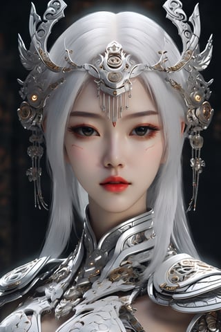 Stunning surreal photography of beautiful cyborg oriental woman, white hair, huge breasts, (beautiful and detailed armour), delicate white filigree, intricate filigree, glowing, navel, highly detailed, intricately detailed, symmetry of face, masterpiece, award-winning, sharp focus, conceptual art, understated, 8K, UHD, low key, octave rendering