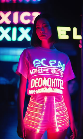 xxmixgirl, a young white brunette oriental woman holding a neon sign that says "Demohotel", realistic, film costume photo, film pastel lighting, 90s neon film stills, tight jumper