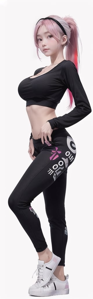 realisitc, (simple white background), 1 Korean girl, slight smile, full body, large pelvis, big breasts,  narrow waist, healthy thighs, height 170cm, 21 yo, solo, navel, cleavage, medium breasts, midriff, perfect hands, perfect fingers, long hair, long sleeves, standing, ponytail, pink hair, shoes, (Black:1.0) shirt, headband, (Black:1.0) pants, (Black:1.0) shirt (white:1.0) taxt " I love you " print, (White:1.0) footwear, sneakers, multicolored hair