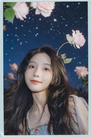 1girl, portrait of a girl, aoqun, Chinese style, clear polaroid, film, rough feeling, garden full of roses, night, Milky Way, shooting stars, long hair, hair blowing in the wind, flower leaves falling, smile, coolness, realistic, high resolution, high detail, photo, RAW, real life,xxmix_girl