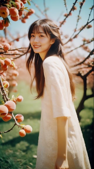 Analog film photo short beizi, smile, bangs, long hair, ((nude)), full body, she is standing under a peach tree, petals are flying, spring, beautiful sunlight, pretty light, beautiful face, long eyelashes, charming eyes, Highly detailed, faded film, desaturated, 35mm photo, grainy, vignetting, vintage, Kodachrome, Lomography, smudged, very detailed, found footage