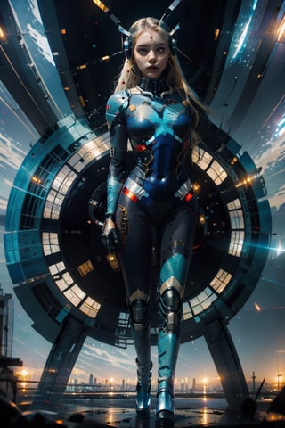 (masterpiece), science fiction, city, scenery, whole body, 1girl, long hair, ponytail, blond hair color, light blue eyes, mecha headgear, panoramic wide angle,sci-fi bodysuits, mecha,DonMC3l3st14l3xpl0r3rsXL,potcoll,High detailed 