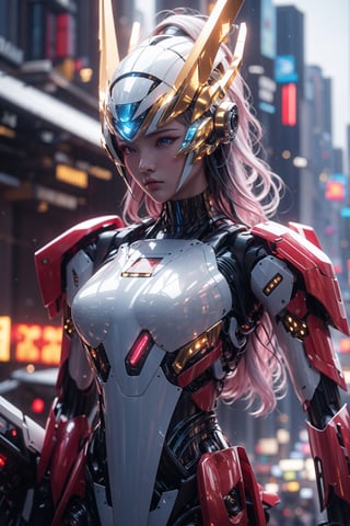 (masterpiece), science fiction, city, scenery, whole body, 1girl, long hair, ponytail, blond hair color, light blue eyes, mecha headgear, panoramic wide angle, Red sci-fi bodysuits color, on a TREADMILL, running,mecha,DonMC3l3st14l3xpl0r3rsXL