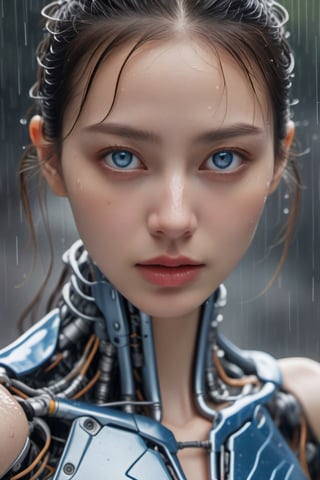 1girl,blue eyes, solo,cybirg style, cyborg, wire, cable, android, mechanical body part, hd, looking_at_viewer,Picture of looking in from the outside in the rain, get wet by rain,moving expression,Real and touching,close up, Cinematic visual effects,aesthetic portrait,The face is detailed and clear,Distressed facial expression,lips slightly parted