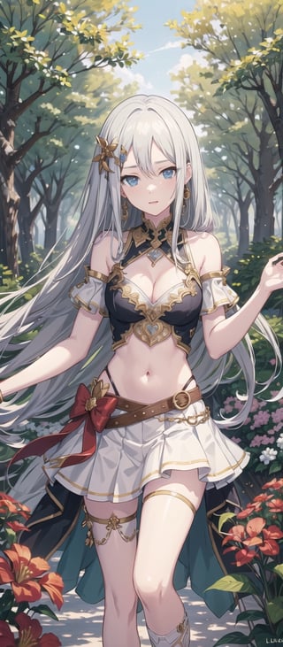 masterpiece, illustration, semi-anime, best detailed, Clear picture, 8K,  beautiful face, looking at viewer ,(masterpiece, high quality:1.2),
Short Skirt, navel, medium_breasts, narrow waist, garden, lustrous skin, leaning, cleavage, blonde_hair, happy ,sexy, thigh high, long hair, bare_shoulders, bikini, slender body