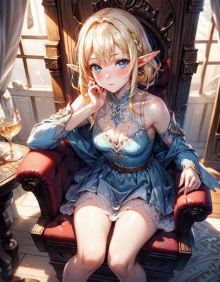 (masterpiece, best quality:1.3, ultra-realistic, 8k, photoshop, realistic illustration,) 1girl, pale skin, skinny, blush, shiny hair,light, ,yellow hair,princess dress, blue eyes, elf, throne, white  room, red rug, lamps, ,FFIXBG