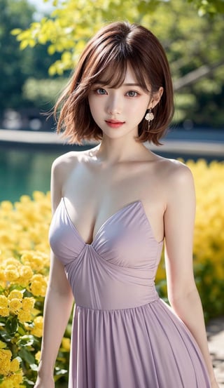 1 girl, very bright backlighting, solo, {beautiful and detailed eyes}, summer night, large breasts, soft light, calm expression, natural and soft light, hair blown by the breeze, delicate facial features, Blunt bangs, beautiful korean girl, ((eye smile)), very small earrings, sexy tight colorful dress, 20 yo, Glamor body type, fantastic night forest, (colorful hair, Half red and half brown hair:1.2), wavy hair, very short hair, water, liquid, natta, colorful, red and yellow flowers are in full bloom, (red and purple theme), flim grain, realhands, ((nude))