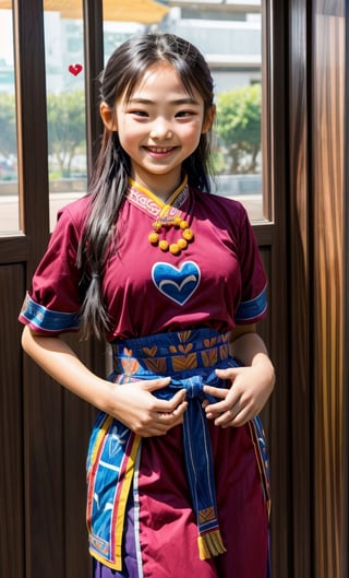 12 year old girl, Laos Hmong, ((Miao)), traditional clothes, big breasts, slim waist, cute girl, making heart with hands and smiling face,ruka_babymonster