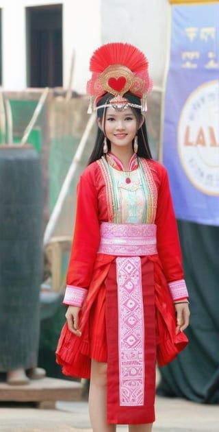 (Masterpiece), Top class, 1_Woman, Laos Hmong, beautiful face, pretty girl, smiling face, softness, 20 years old, full body type, medium chest, alluring body, brown eyes, black hair, eye contact, happy face, cuteness, Maturity, museum, full body view, Laos Hmong traditional clothing, breast exposure, small hand heart, village deep in the mountains of Laos