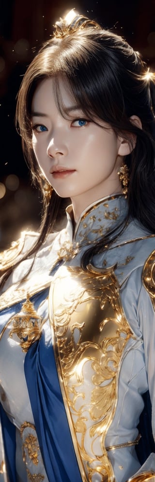 best quality, high resolution, 8k, realistic, sharp focus, photorealistic image of a graceful white haired lady, blue eyes, this lady wearing golden armor with golden magical bell in her possesion, shiny skin, ice theme, huoshen, zhurongshi, huoshen, blurry_light_background, EpicSky,1 girl,hyojoo