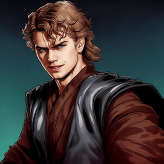 anakin skywalker, anger, heroic pose, hayden christensen, film grain, curly long hair.,ink splash, jedi cloth, smile,SD 1.5,masterpiece,nodf_lora