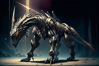 cyberpunk, military robot dog, warrior knight armor, ornate black armor, spiky tail with grenade launcher on end, two robotic praying mantis arms with laser cannon and rocket pod, ornate black faceplate, metal sharp_teeth